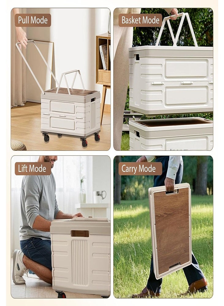 DMG TECH Foldable Utility Cart, Folding Wagon Cart Large Capacity Heavy Duty Cart, with Wooden Cover, Folding Organizer with Handles and 360° Swivel Wheels, Portable Storage Crate Containers - Image 3